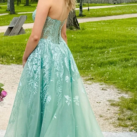 Elegant Mint Green Gown with Floral Embroidery - Picture 1 of 3